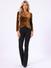 Notched Lapel Long Sleeve Office Business Button Velvet Blazer