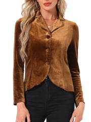 Notched Lapel Long Sleeve Office Business Button Velvet Blazer