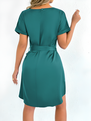 Solid Color Short Sleeve Satin Lace-Up Knee Length Dress