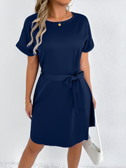 Solid Color Short Sleeve Satin Lace-Up Knee Length Dress