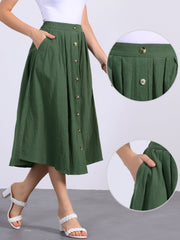 A-Line Elastic Waist Button Front Pocketed Midi Skirt