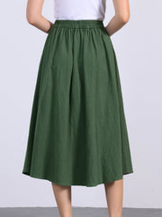 A-Line Elastic Waist Button Front Pocketed Midi Skirt