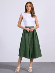 A-Line Elastic Waist Button Front Pocketed Midi Skirt