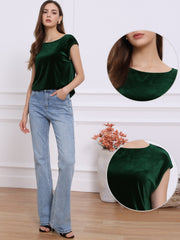 Velvet Cap Sleeve Casual Basic Round Neck Blouse