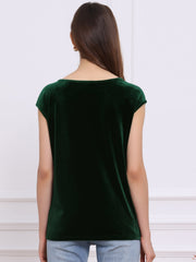 Velvet Cap Sleeve Casual Basic Round Neck Blouse