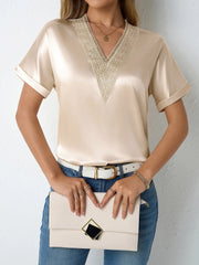 Lace Trim V Neck Satin Short Sleeves Blouse