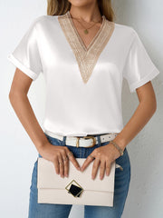 Lace Trim V Neck Satin Short Sleeves Blouse
