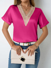 Lace Trim V Neck Satin Short Sleeves Blouse
