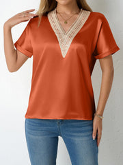 Lace Trim V Neck Satin Short Sleeves Blouse