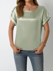Round Neck Short Sleeves Satin Solid Color Blouse