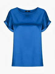 Round Neck Short Sleeves Satin Solid Color Blouse