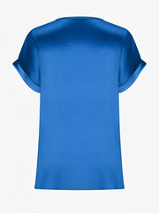 Round Neck Short Sleeves Satin Solid Color Blouse