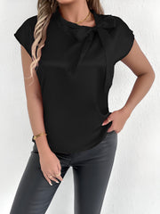 Satin Tie Neck Cap Sleeves Solid Color Blouse