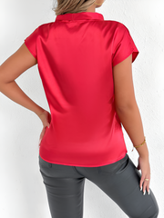 Satin Tie Neck Cap Sleeves Solid Color Blouse