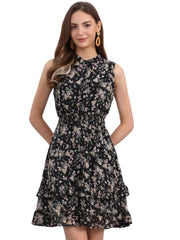 Floral A-line Smocked Waist Tiered Ruffled Chiffon Mini Dress