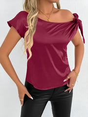 Satin Off Shoulder Bowknot Short Sleeves Blouse
