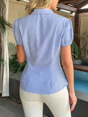 Collared Striped Ruffled Button Down Puff Sleeved Blouse