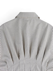 Collared Striped Pleated Bat Sleeves Peplum Blouse