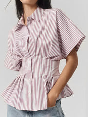 Collared Striped Pleated Bat Sleeves Peplum Blouse