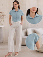 Cotton Linen Button Down Short Sleeve Shirt