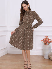Tie Neck Chiffon Long Sleeve Belted Vintage Floral Dress