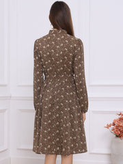 Tie Neck Chiffon Long Sleeve Belted Vintage Floral Dress