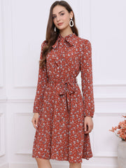 Tie Neck Chiffon Long Sleeve Belted Vintage Floral Dress