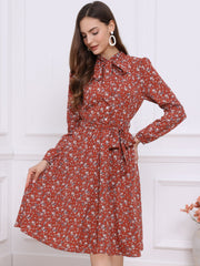 Tie Neck Chiffon Long Sleeve Belted Vintage Floral Dress