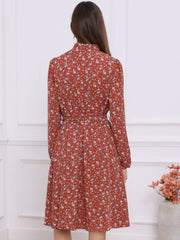 Tie Neck Chiffon Long Sleeve Belted Vintage Floral Dress
