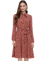Tie Neck Chiffon Long Sleeve Belted Vintage Floral Dress