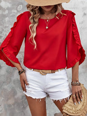 Round Neck Ruffled 3/4 Sleeve Solid Color Blouse
