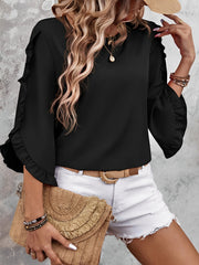Round Neck Ruffled 3/4 Sleeve Solid Color Blouse