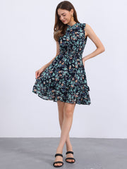 Floral A-line Smocked Waist Tiered Ruffled Chiffon Mini Dress