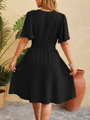 V Neck Flared Sleeves Ruched A-Line Midi Dress