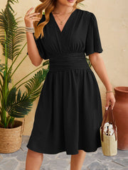 V Neck Flared Sleeves Ruched A-Line Midi Dress