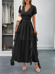 V Neck Ruffled Mesh Short Sleeve Maxi Dress