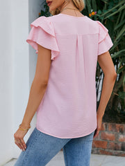 Short Sleeves V Neck Ruffles Chiffon Blouse