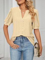 Notch Neck Solid Color Puff Sleeve Textured Blouse