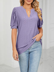 Notch Neck Solid Color Puff Sleeve Textured Blouse