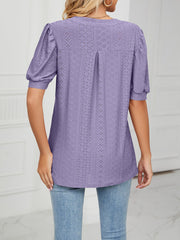 Notch Neck Solid Color Puff Sleeve Textured Blouse