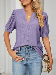 Notch Neck Solid Color Puff Sleeve Textured Blouse