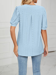 Notch Neck Solid Color Puff Sleeve Textured Blouse