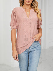 Notch Neck Solid Color Puff Sleeve Textured Blouse