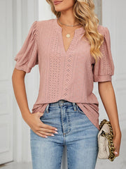 Notch Neck Solid Color Puff Sleeve Textured Blouse