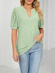 Notch Neck Solid Color Puff Sleeve Textured Blouse
