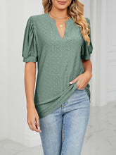 Notch Neck Solid Color Puff Sleeve Textured Blouse