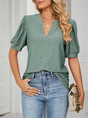 Notch Neck Solid Color Puff Sleeve Textured Blouse