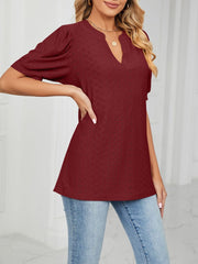 Notch Neck Solid Color Puff Sleeve Textured Blouse