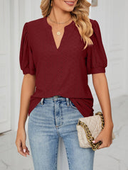 Notch Neck Solid Color Puff Sleeve Textured Blouse