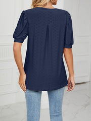 Notch Neck Solid Color Puff Sleeve Textured Blouse